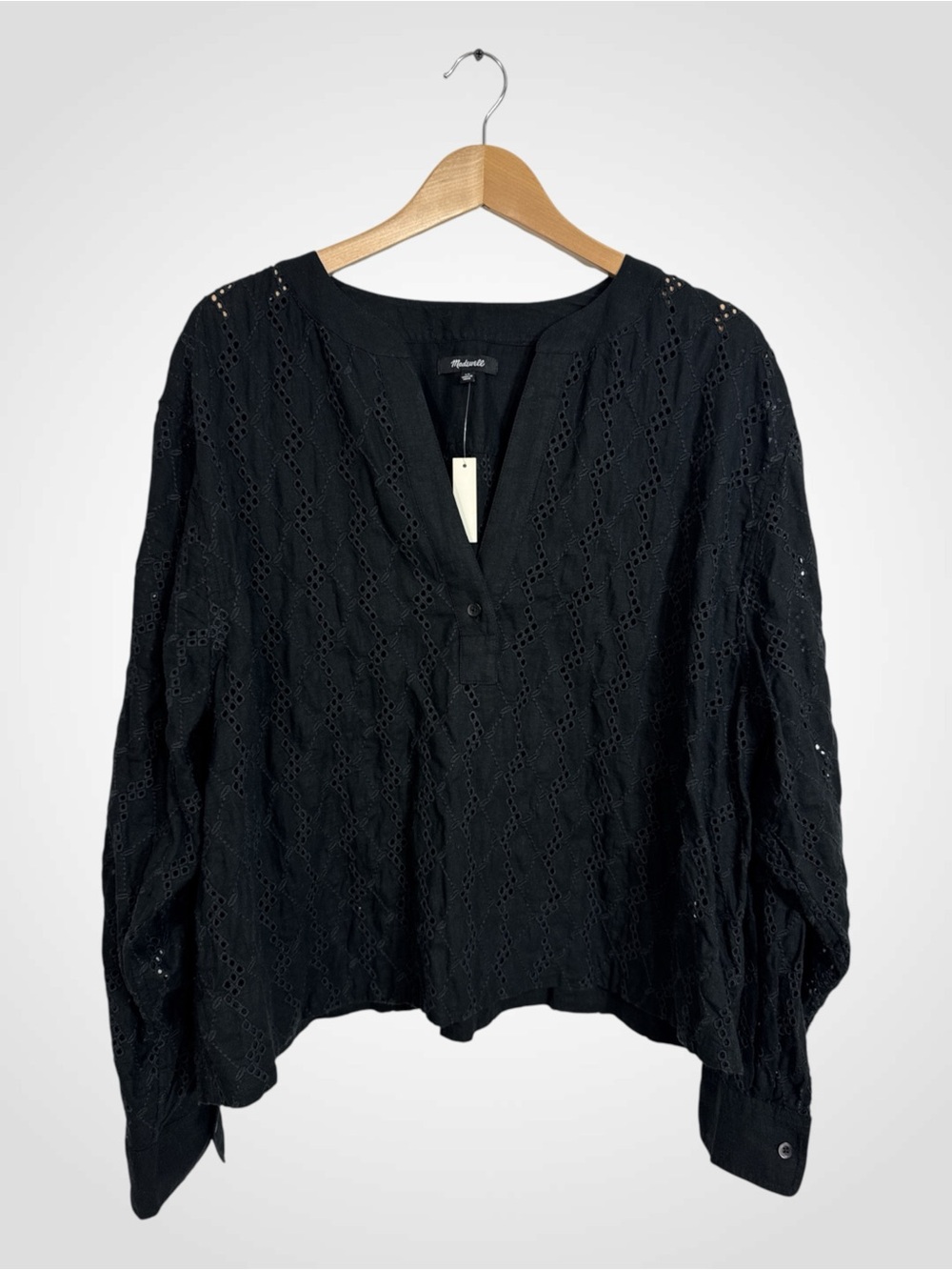 WSH128 {Madewell} Black Eyelet Linen Blend Long Sleeve Button Down Shirt Blouse